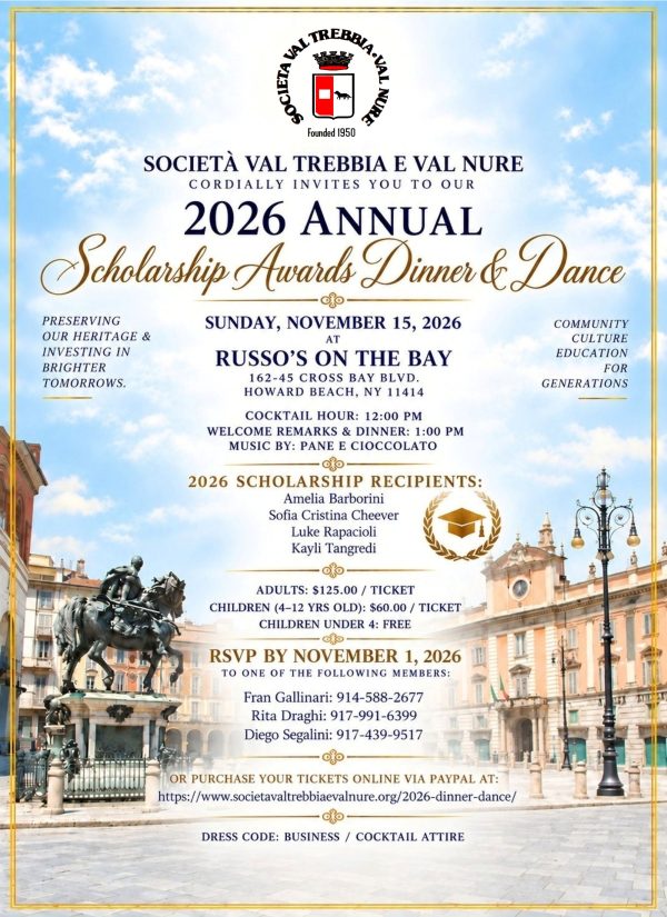 Flyer for the Società Val Trebbia e Val Nure 2026 Scholarship Awards Dinner & Dance, Sunday November 15, 2026 at Russo's on the Bay, Howard Beach, NY.